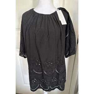 Karen Seo Black DL-KYRE265 Peasant Style Boho Tunic MD Cut Out Embroidered Trim